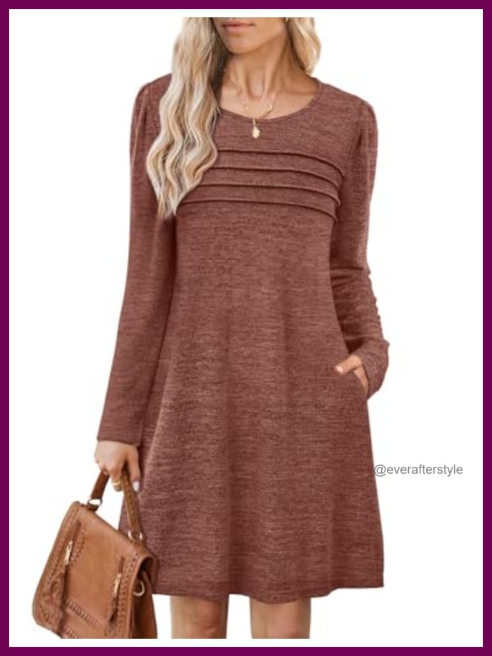 OFEEFAN Long Sleeve Tunic Sweater Dress Pleated Front with Pockets